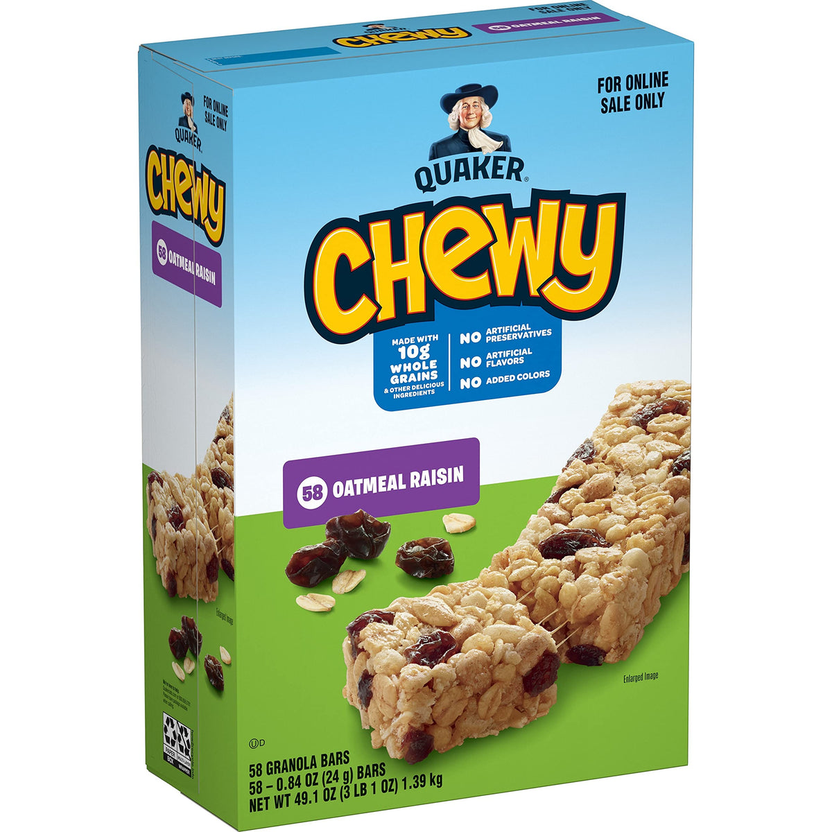 Quaker front packaging showing 58-count box and easy storage benefit