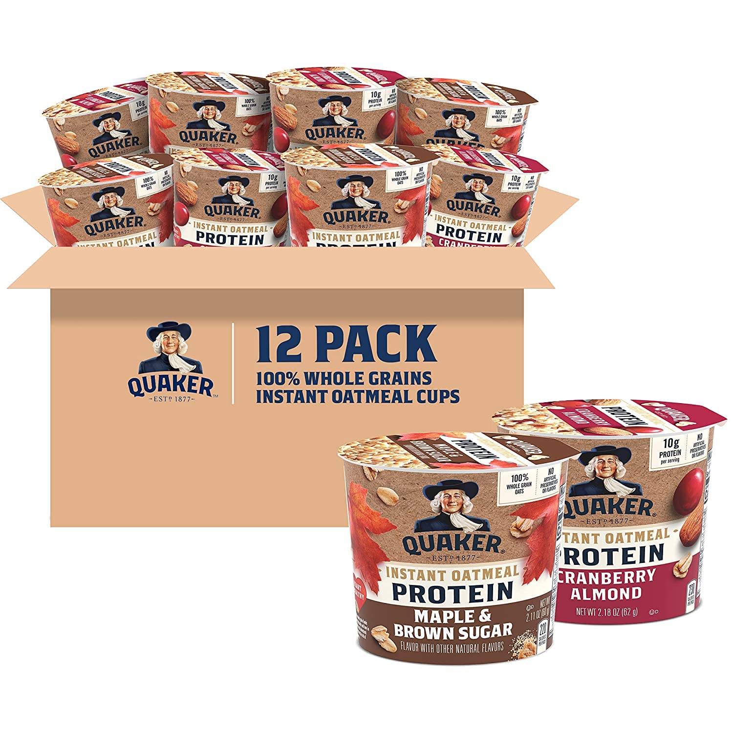 Quaker front packaging showing variety pack and nutrition benefits