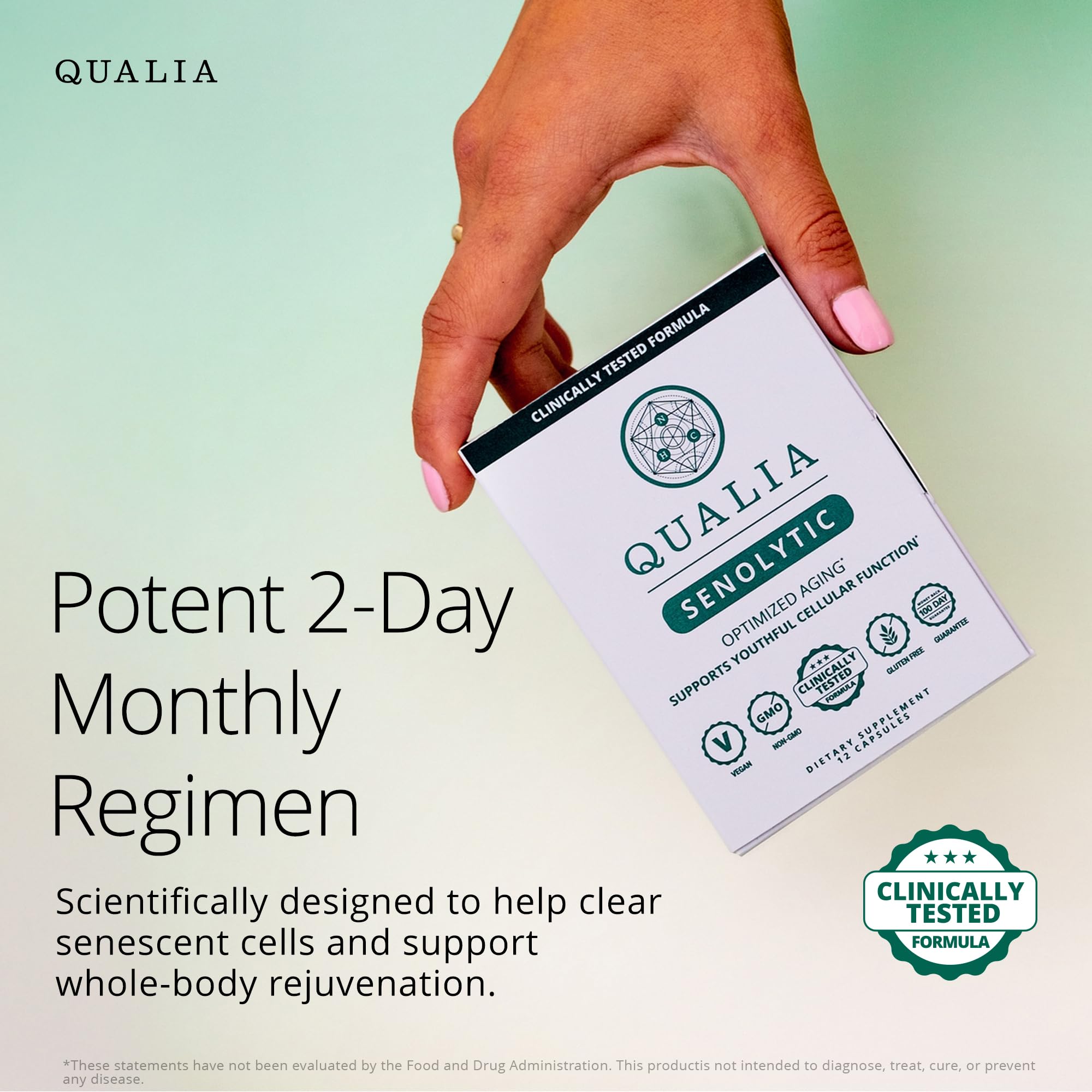 QUALIA LIFE SCIENCES label showing ingredients and clinical dosing details