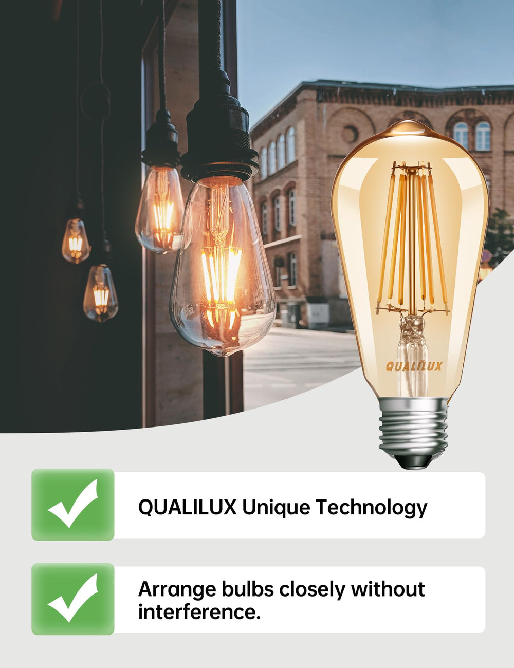 Qualilux LED filament detail showing decorative glow and efficiency