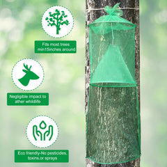 Qualirey trap hanging on a tree trunk illustrating secure, pesticide-free capture method