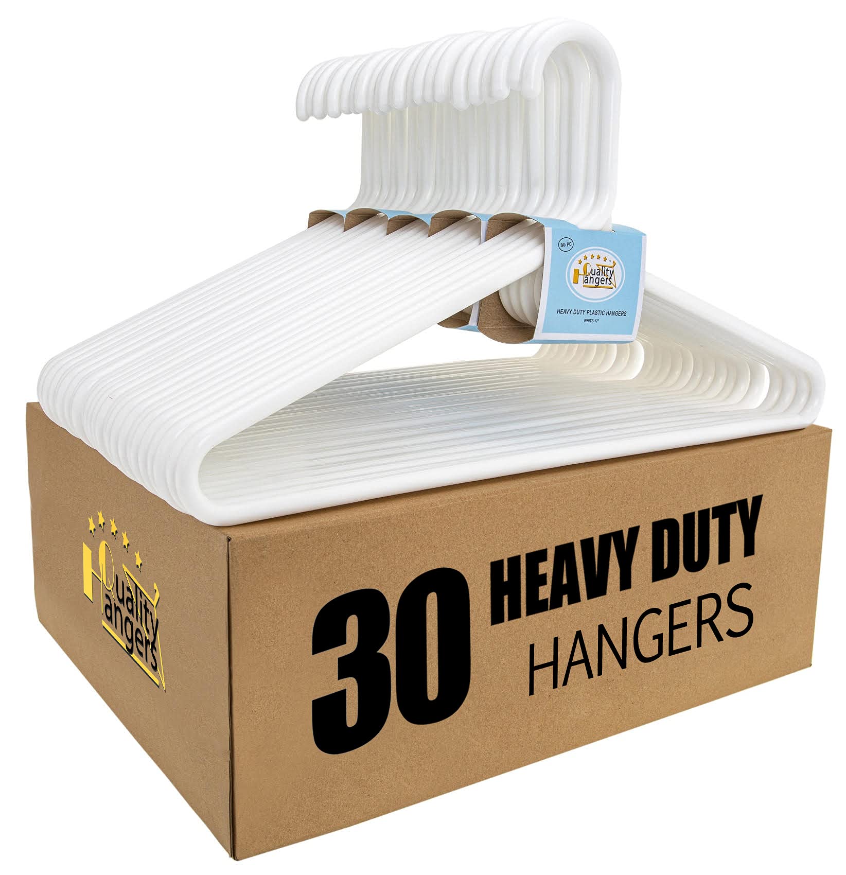 Quality Hangers front pack of 30 white heavy duty hangers, tidy storage benefit