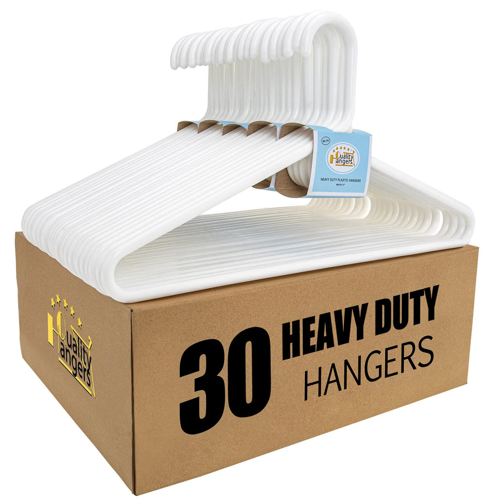 Quality Hangers front pack of 30 white heavy duty hangers, tidy storage benefit