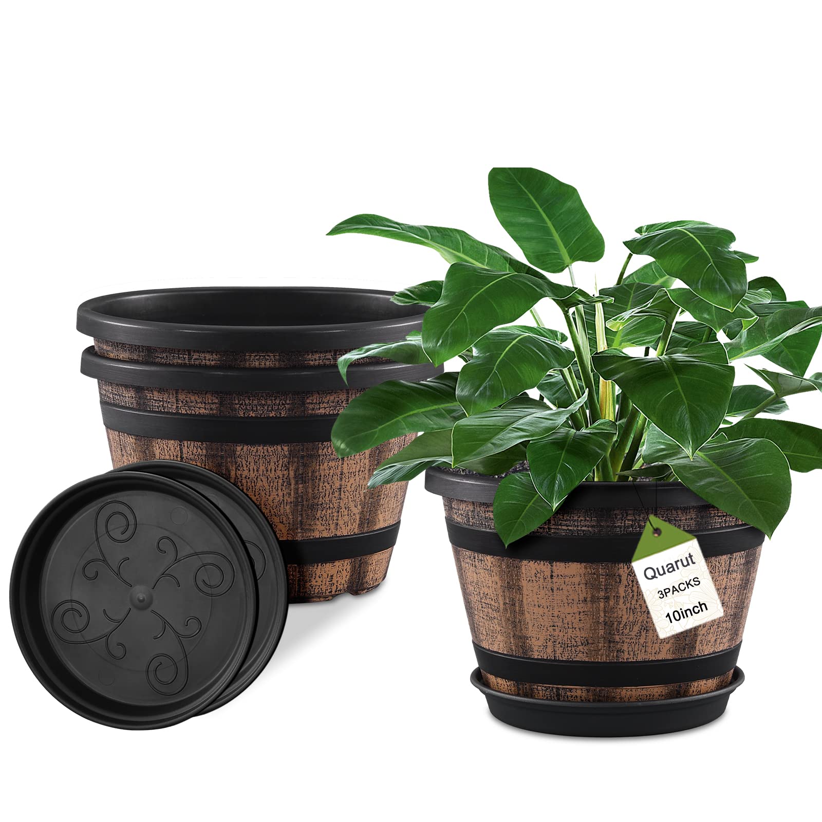 Quarut front view of three whiskey barrel planters showing rustic style and space-saving benefit