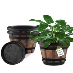Quarut front view of three whiskey barrel planters showing rustic style and space-saving benefit