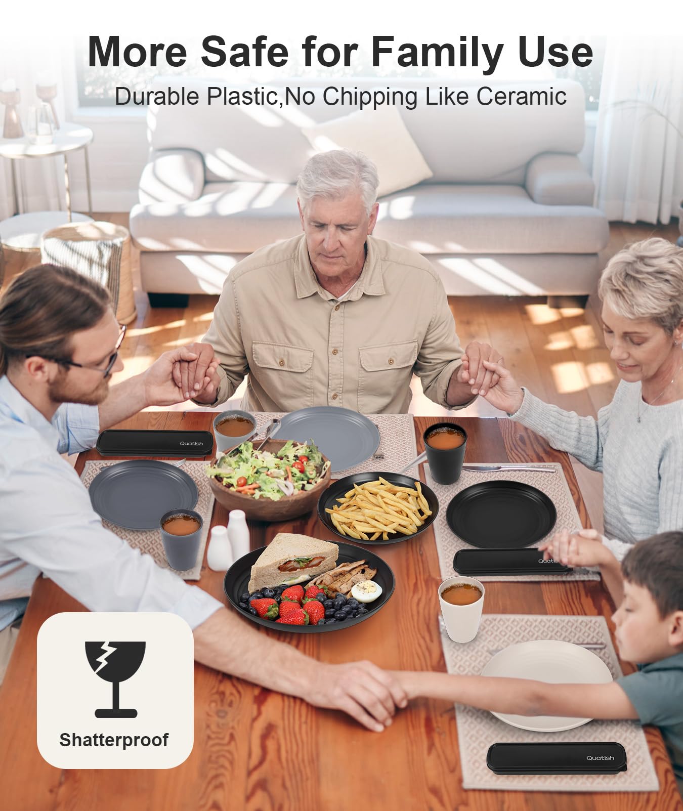Quatish cups arranged on table showing spill-safe handles and casual entertaining benefit