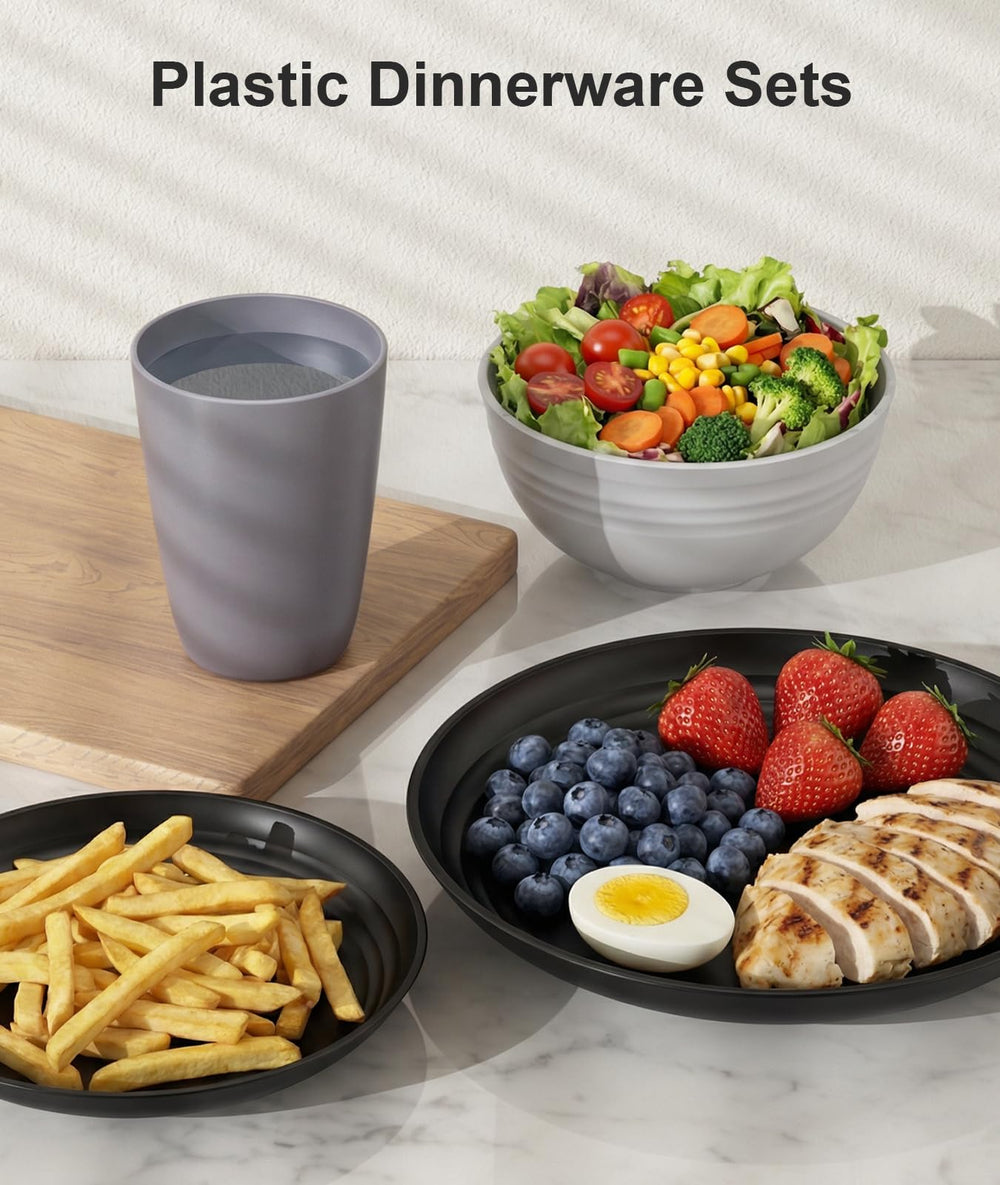 Quatish stacked dinnerware inside cabinet showing space-saving storage and neat fit
