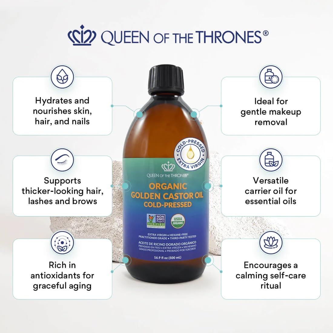 QUEEN OF THE THRONES amber glass close-up highlighting UV protection and purity