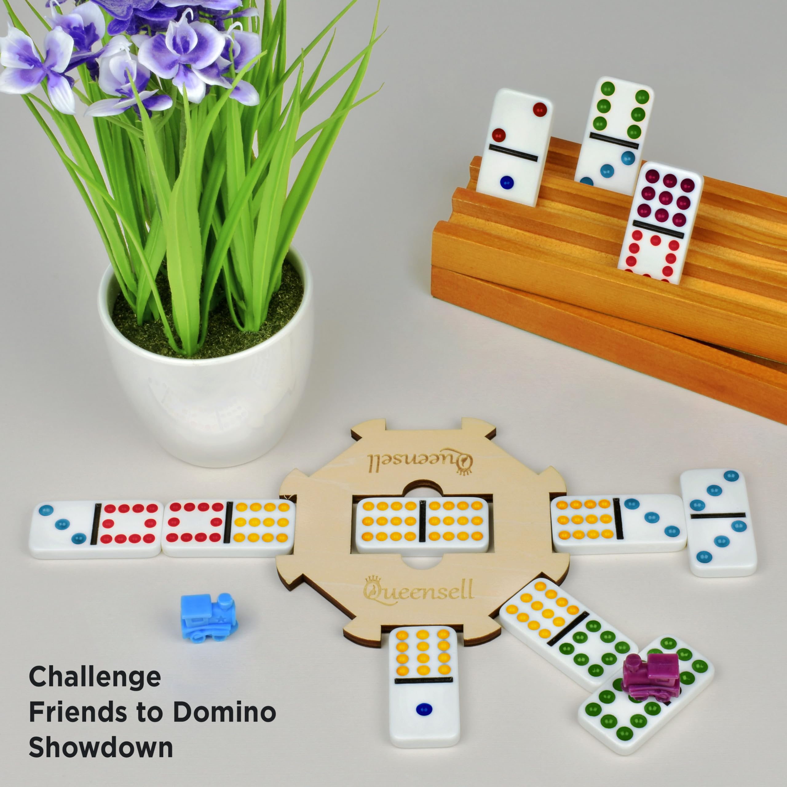 Queensell domino tile closeup showing indented colored pips for readability
