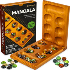 Queensell wooden mancala board front view showing classic finish and durable design