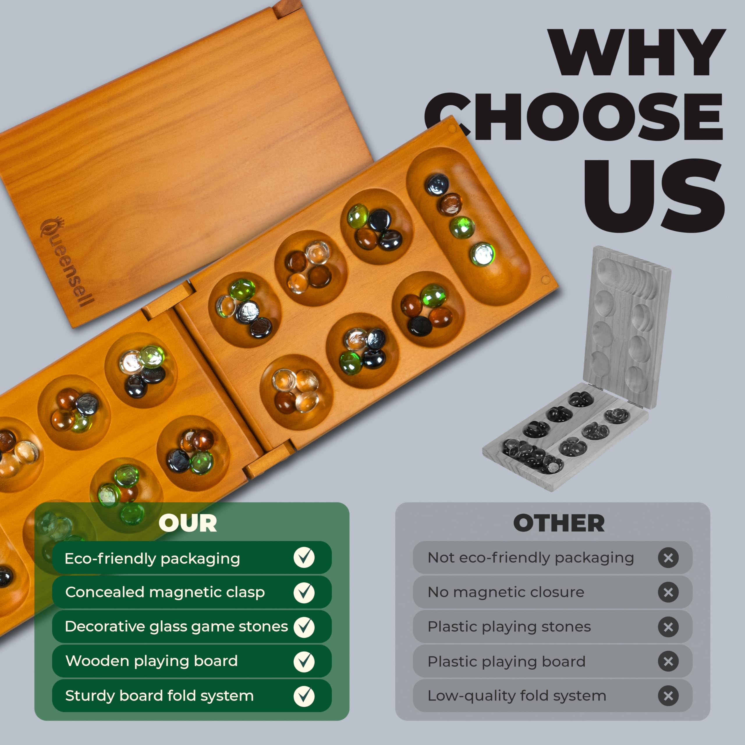 Queensell family playing mancala at a table highlighting social, screen-free fun