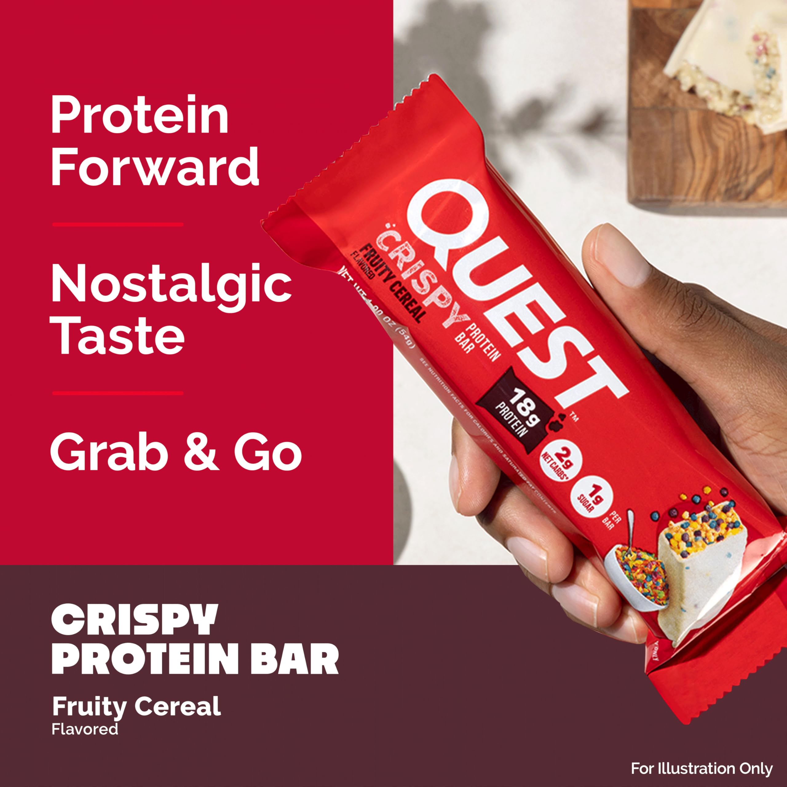 Quest bar held in hand showing size and grab-and-go benefit