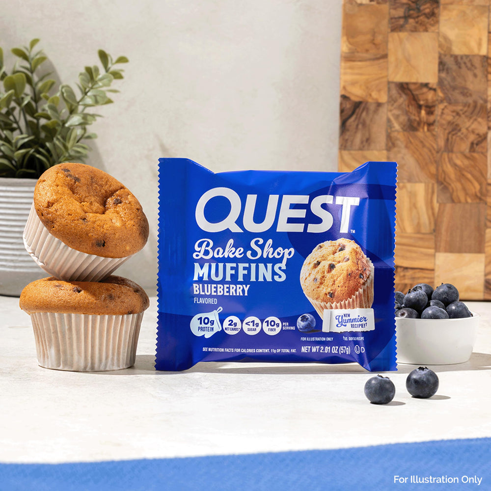 Quest blueberry muffin on a breakfast table offering quick protein option