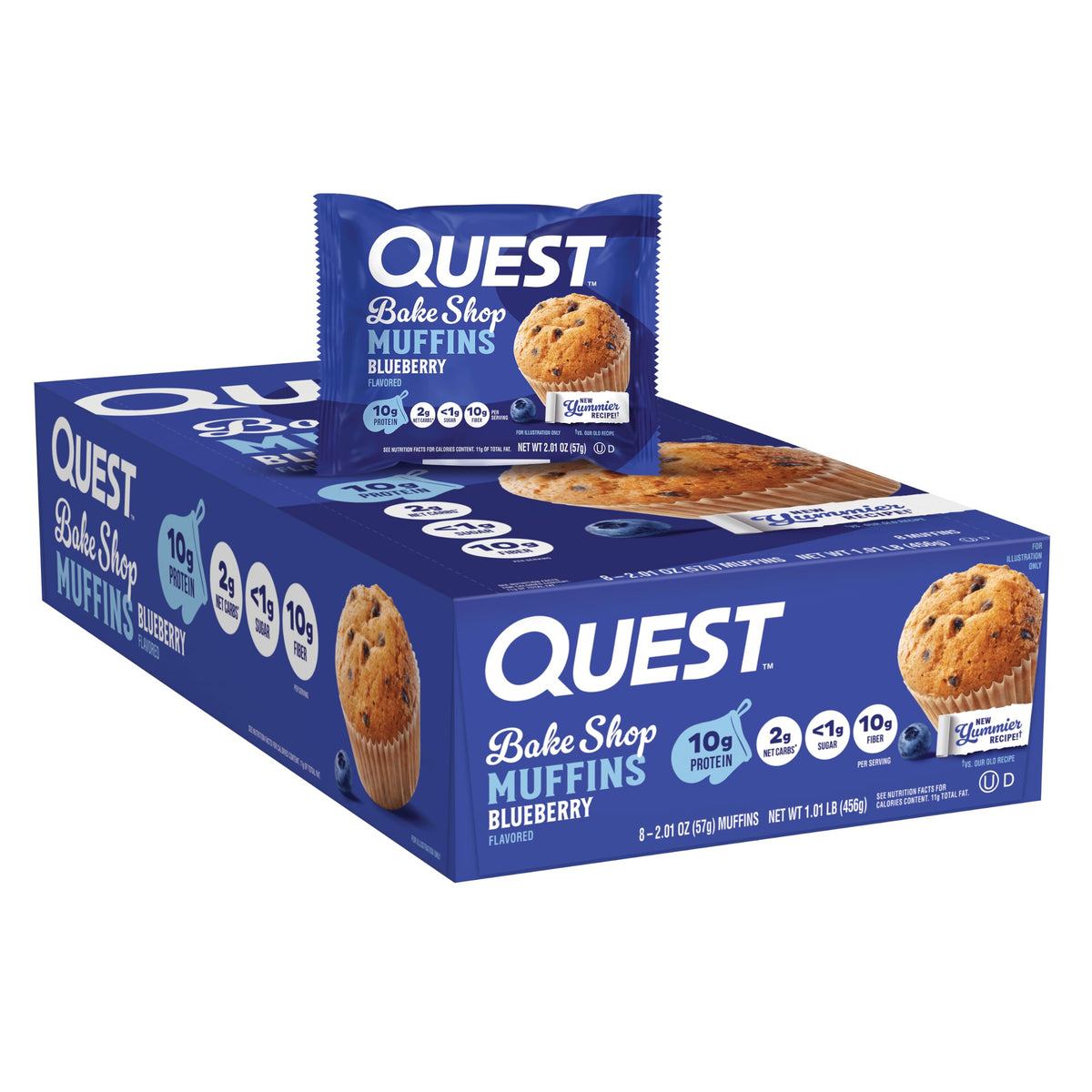 Quest blueberry muffin front-packaging showing protein and low-carb benefits