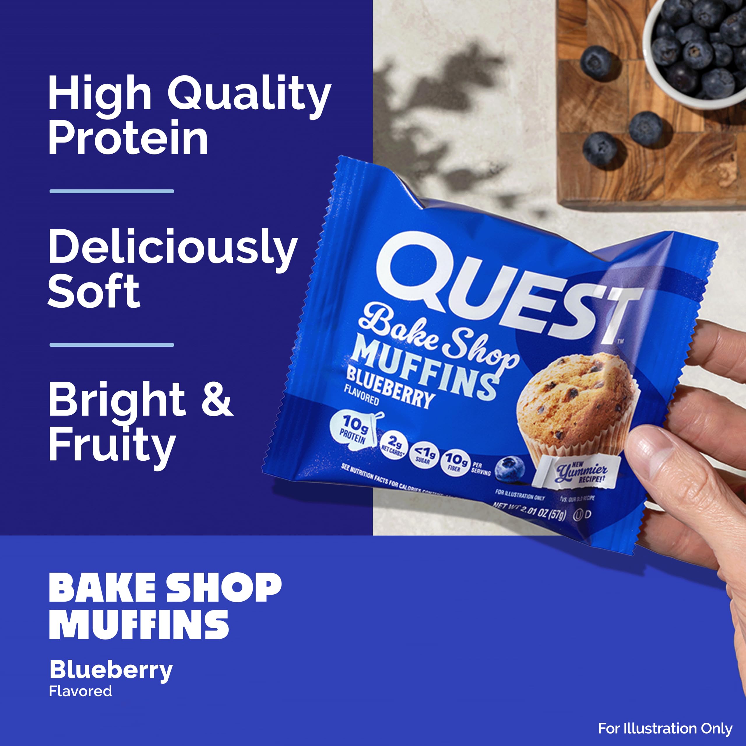 Quest blueberry muffin in hand demonstrating portable portion and convenience