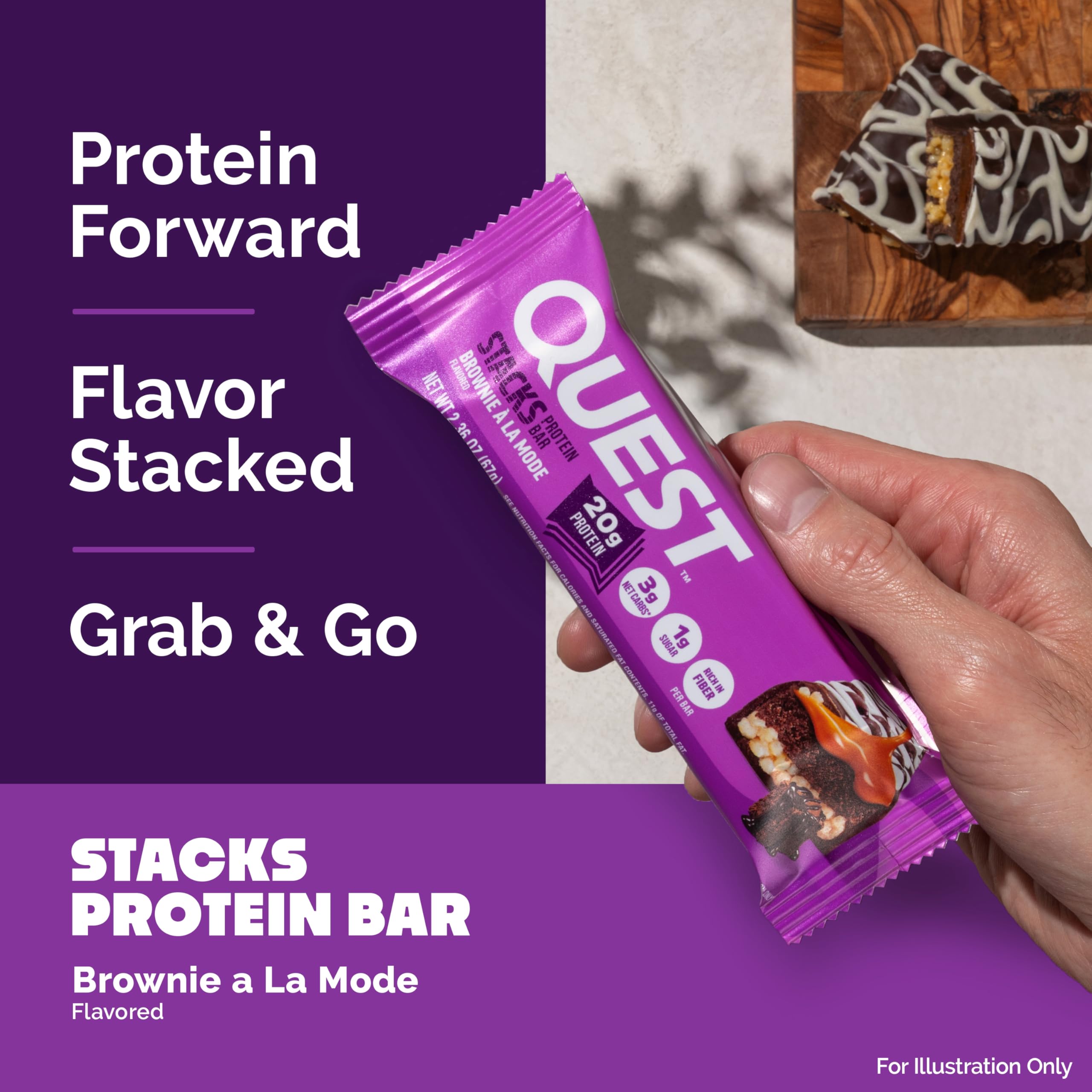 Quest individually wrapped bar beside a ruler showing compact portable size