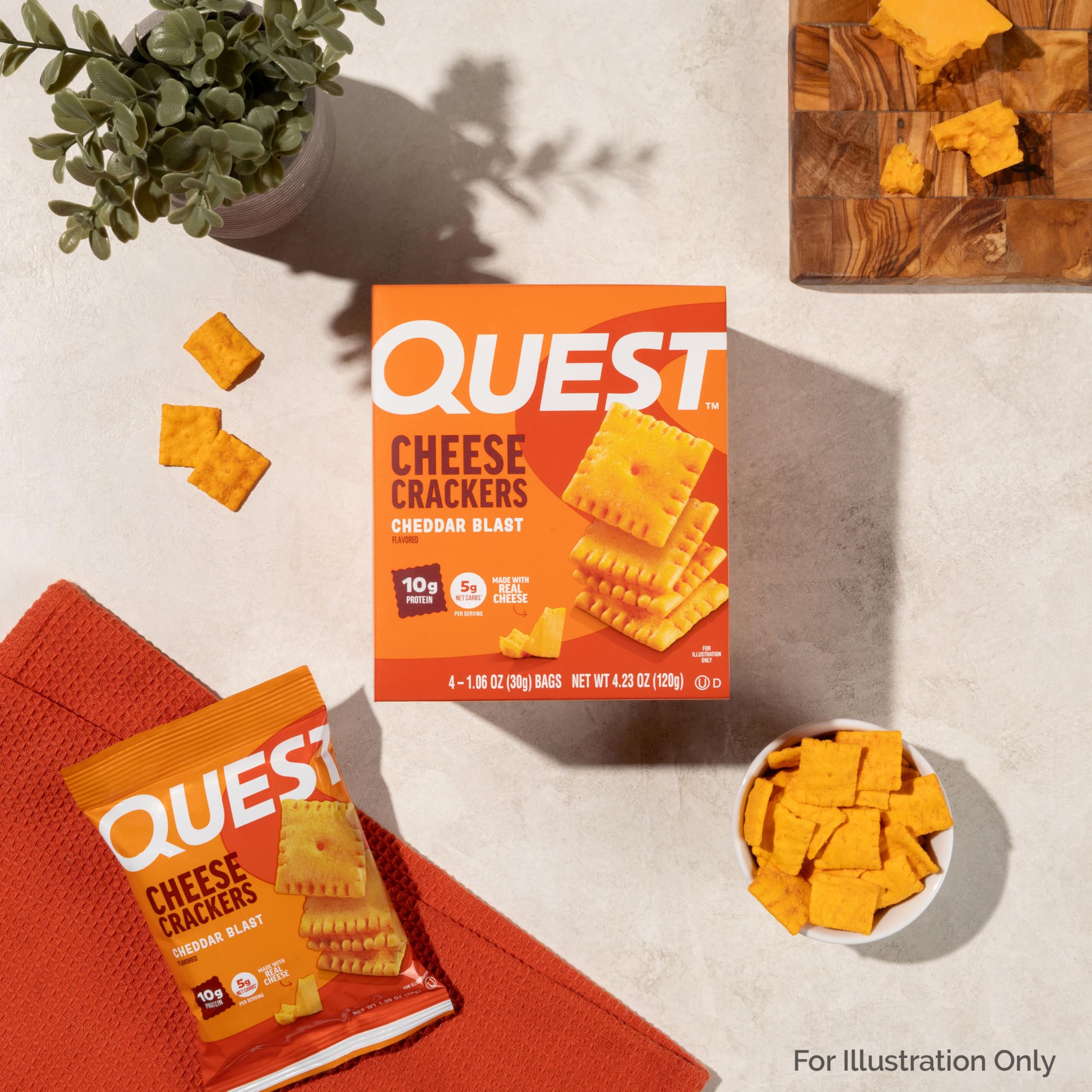 Quest cracker mid-air bite capturing crunchy texture and satisfying snap