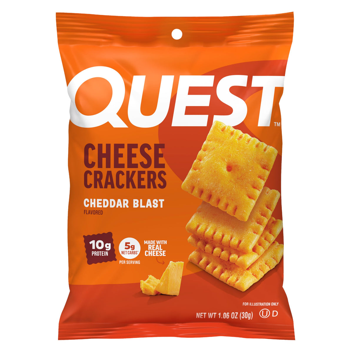 Quest front pack showing box and single-serve pouches for convenient snacking