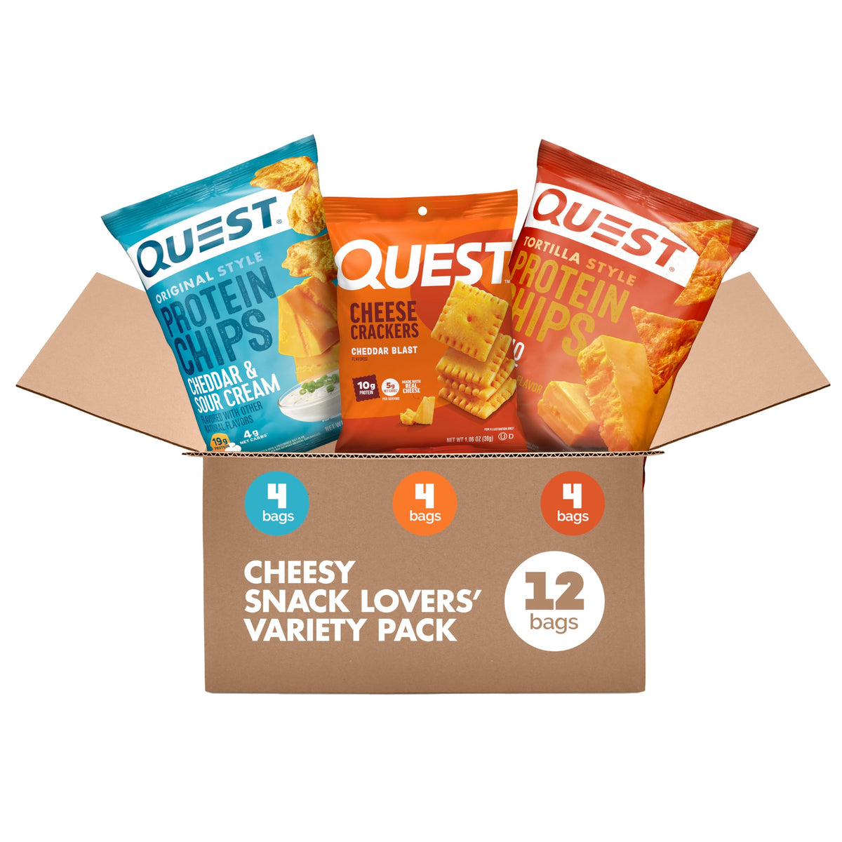 Quest front packaging showing full 12-count variety offering convenience