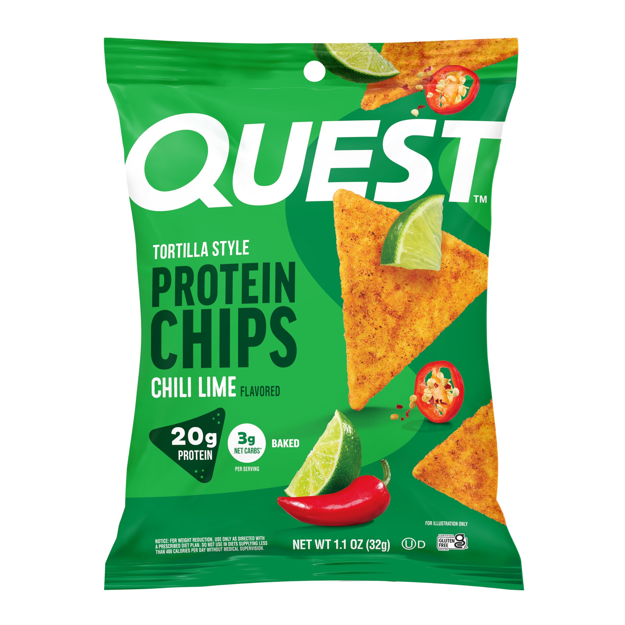 Quest front pack showing chili lime flavor and 20g protein benefit