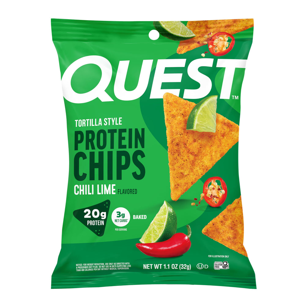 Quest front pack showing chili lime flavor and 20g protein benefit