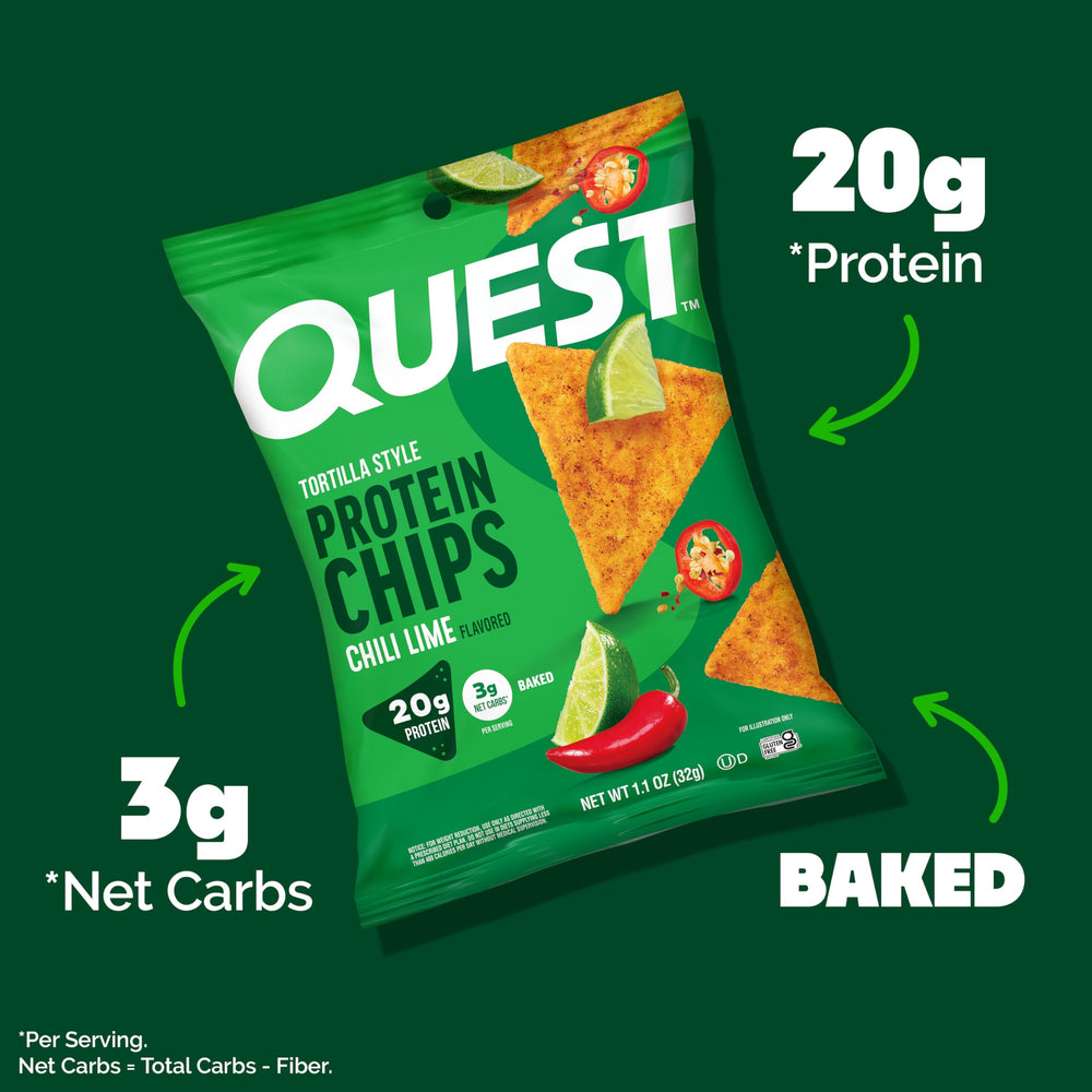 Close-up texture of Quest chip crunch highlighting baked crispness benefit