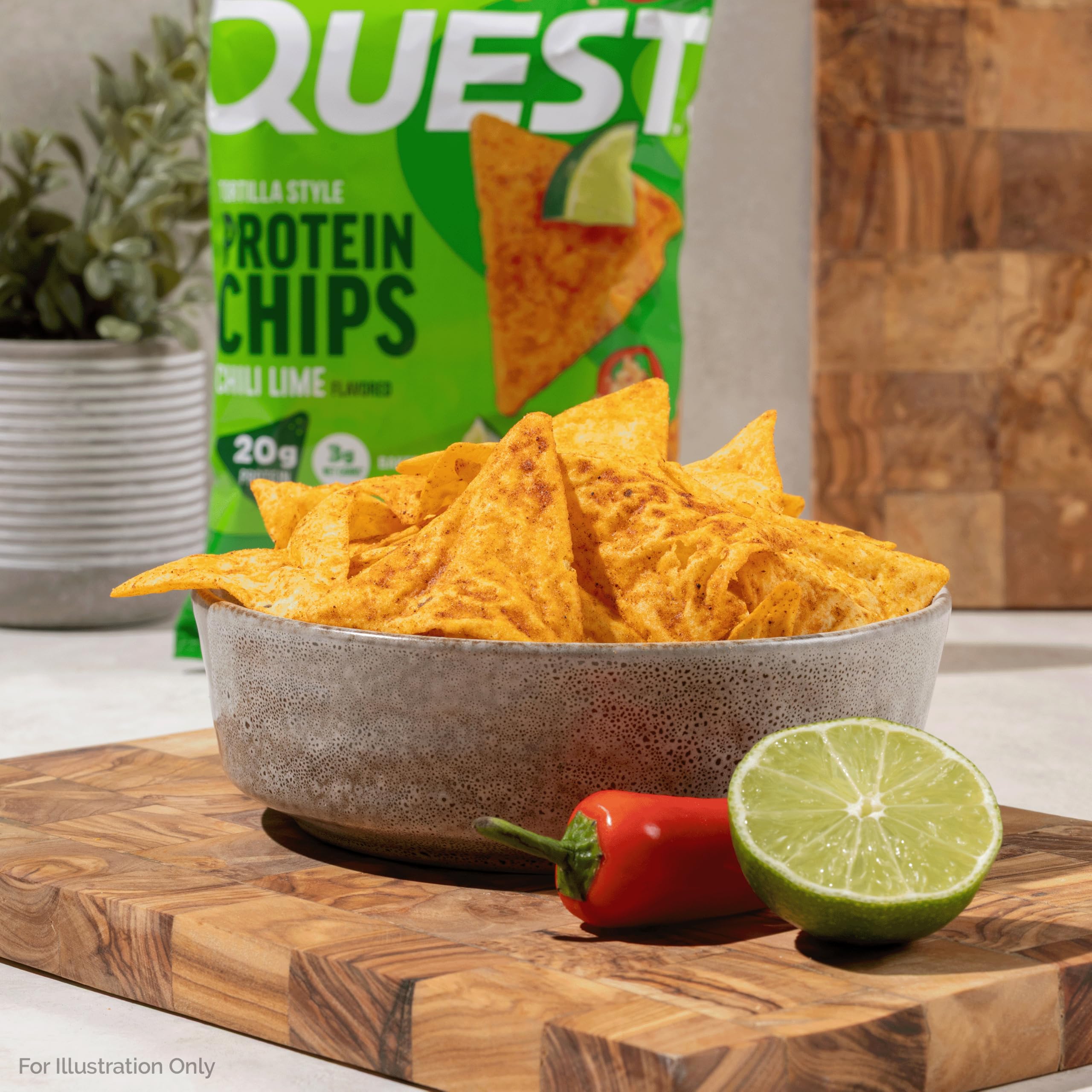 Quest chips beside a ruler to show single-serve size and portion control benefit