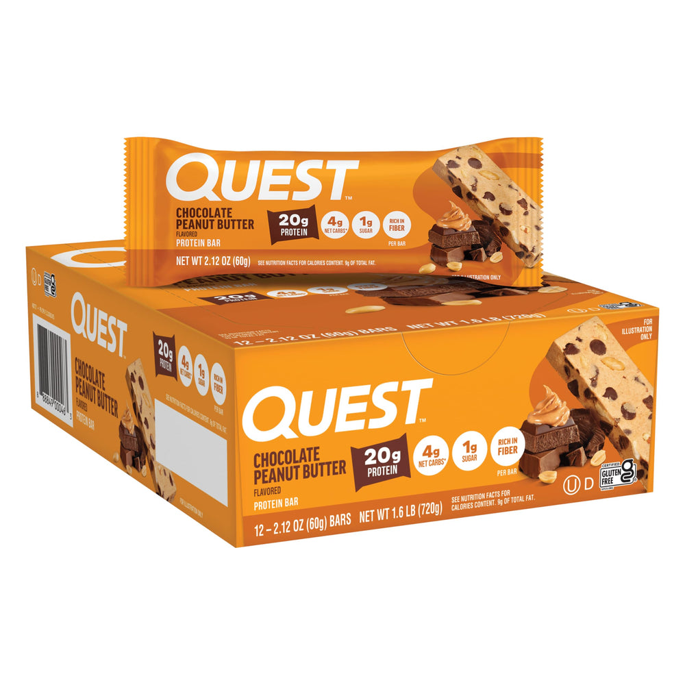 Quest front box showing chocolate peanut butter bars and protein callout