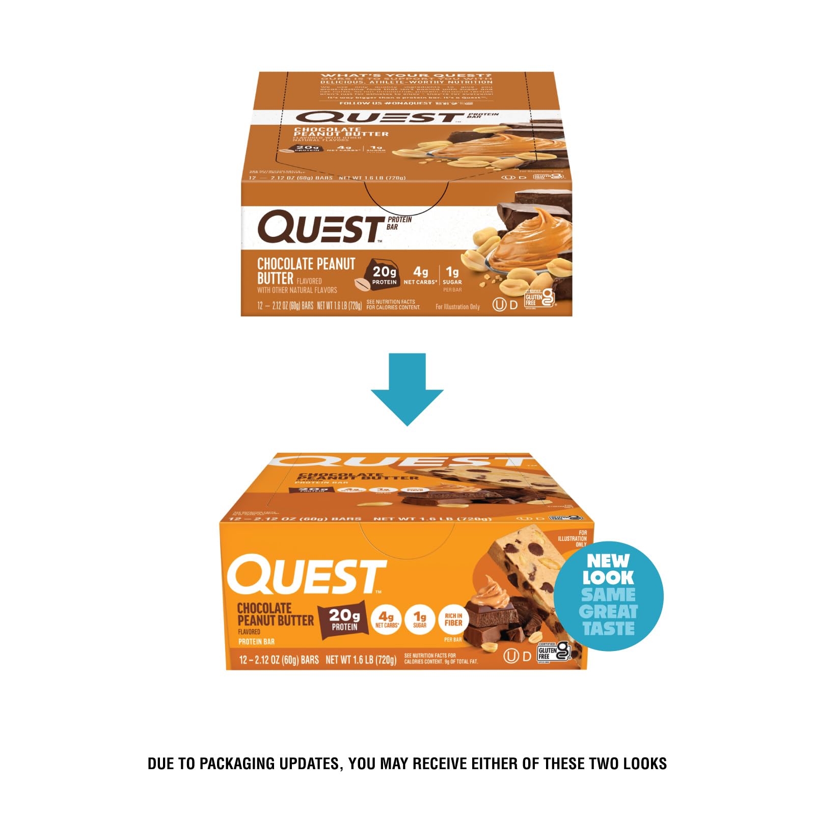 Quest single unwrapped bar with visible chocolate and peanut butter filling