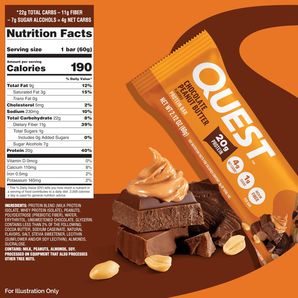 Quest close-up of bar texture highlighting dense protein and chocolate coating
