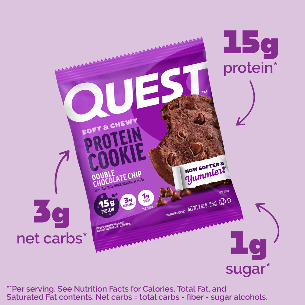 Quest cookie cross section revealing soft interior texture and protein-rich crumb for satiety