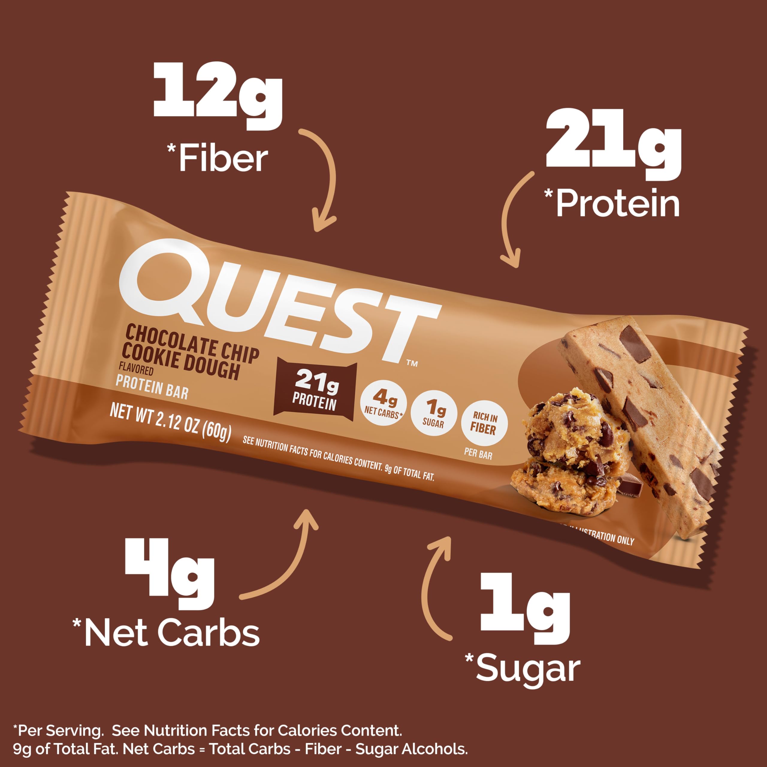 Quest unwrapped cookie dough bar showing chocolate chips and chewy texture for satisfying snack