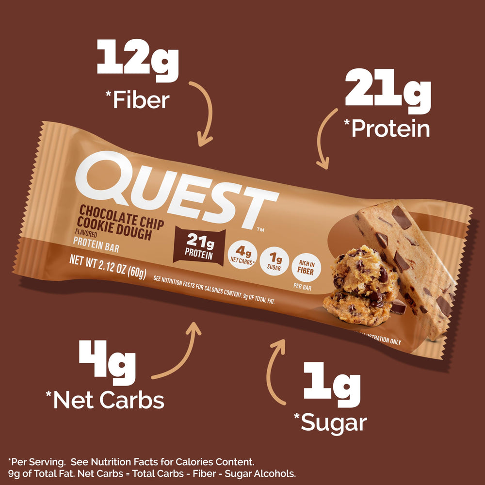 Quest unwrapped cookie dough bar showing chocolate chips and chewy texture for satisfying snack