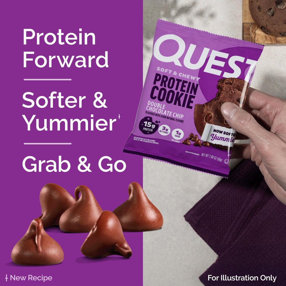 Quest cookie beside a credit card to show real-world size and portion control benefit