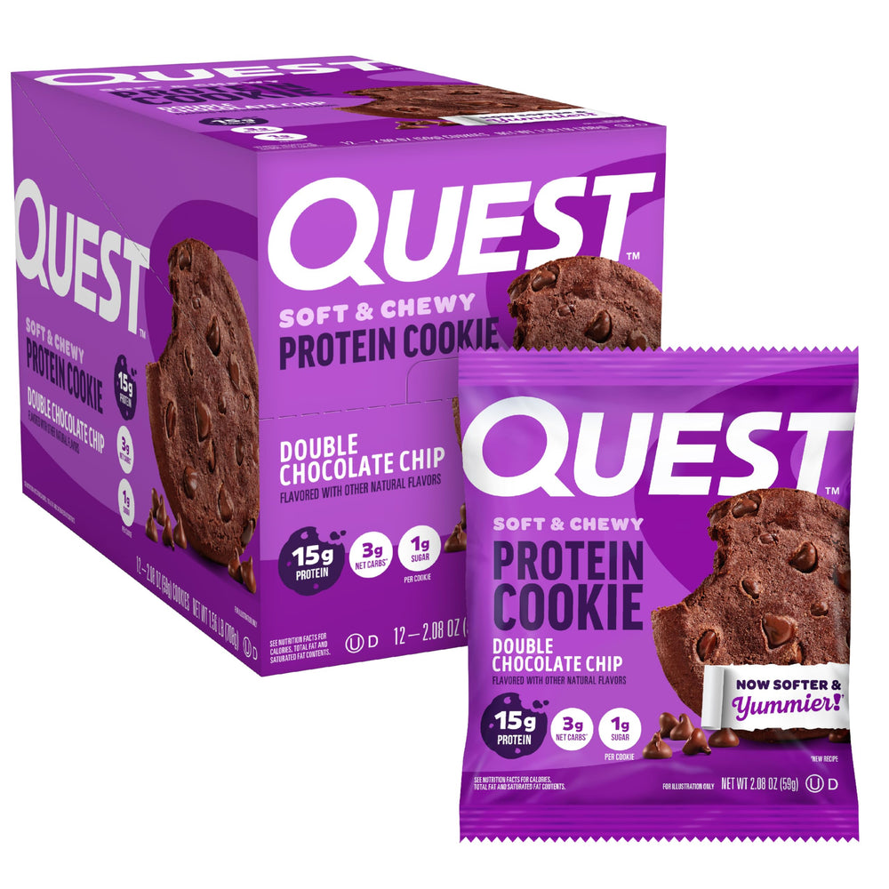 Quest double chocolate chip cookie front packaging showing carton and branding for easy storage