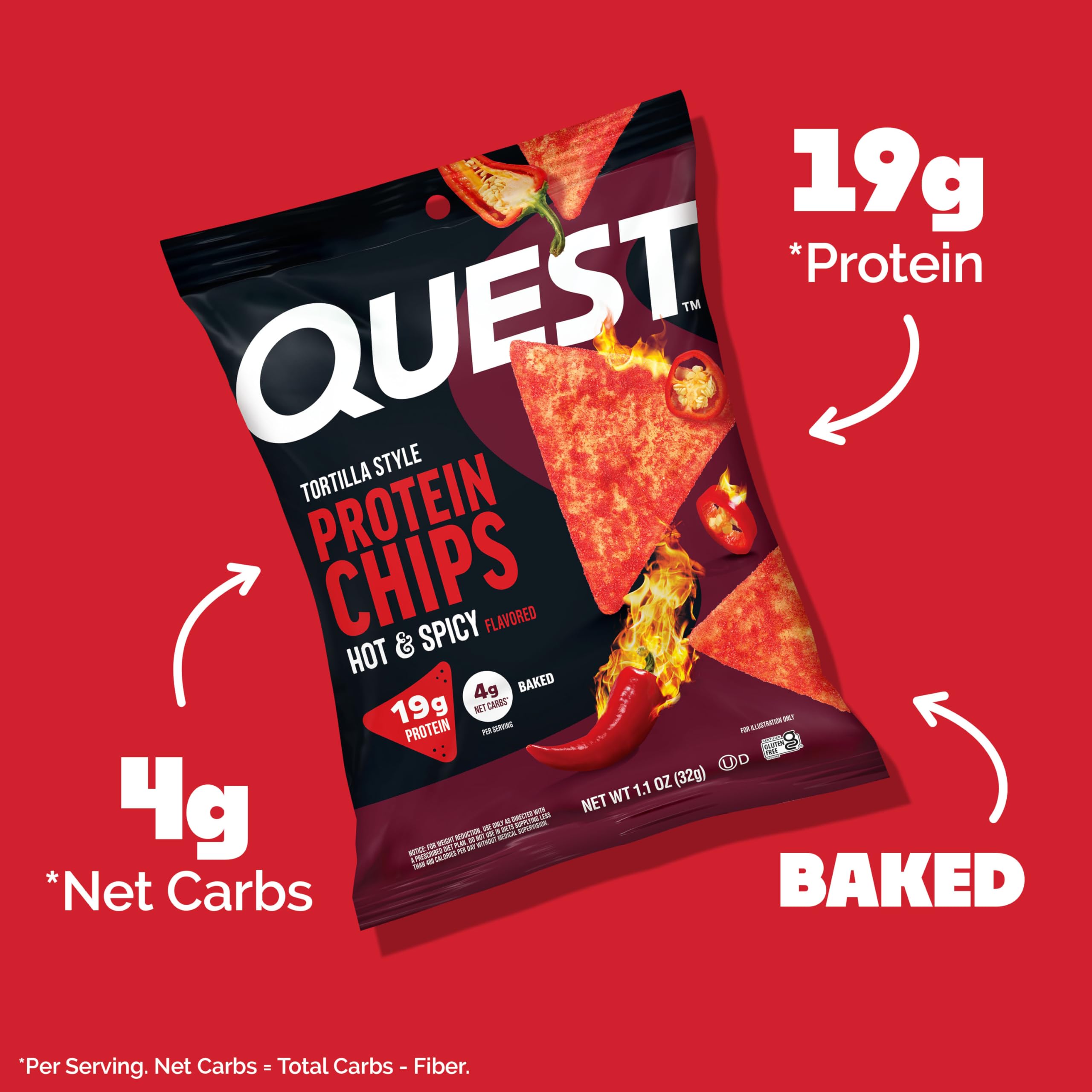 Quest close-up of chip texture highlighting baked crunch and seasoning for satisfying bite