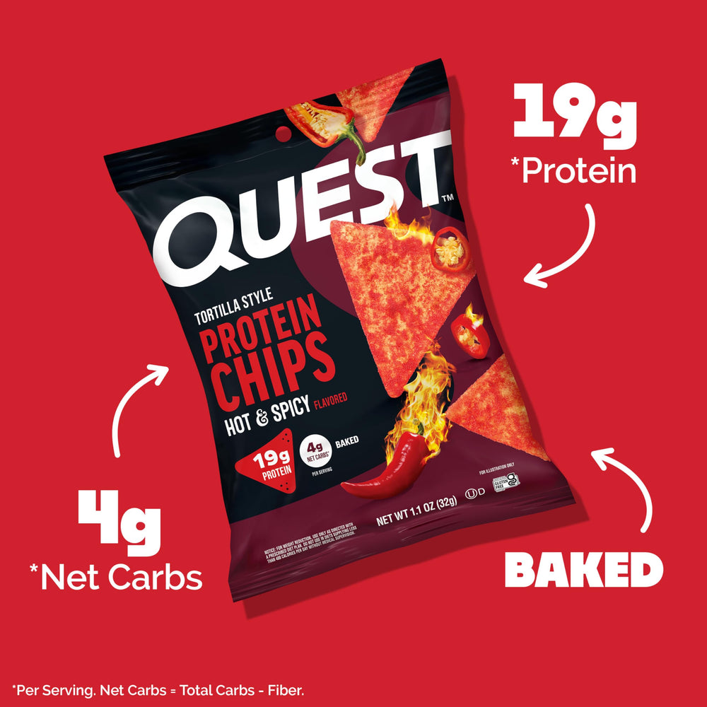 Quest close-up of chip texture highlighting baked crunch and seasoning for satisfying bite