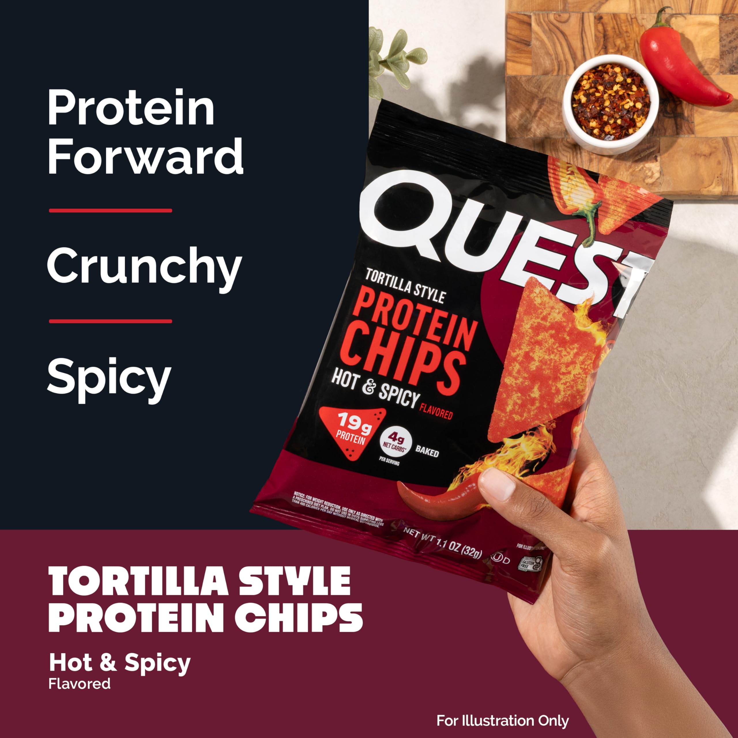 Quest stacked chips beside a ruler showing size and portion-controlled servings benefit