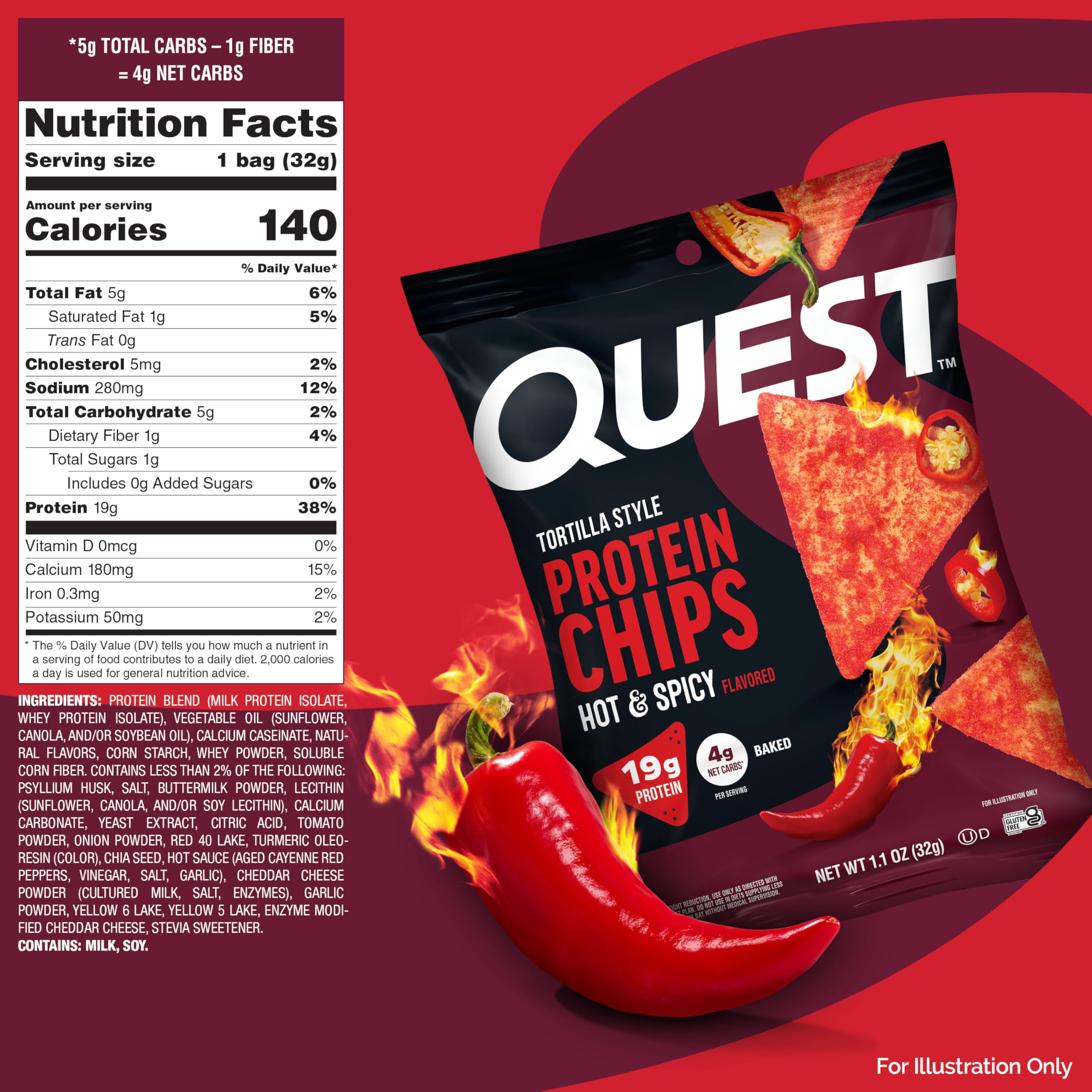 Quest single-serve pouch open to reveal hot and spicy chips for portable protein