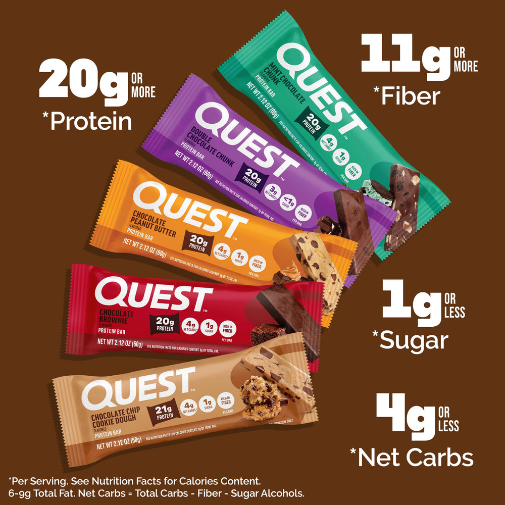 Quest individually wrapped bar emphasizing portability and freshness