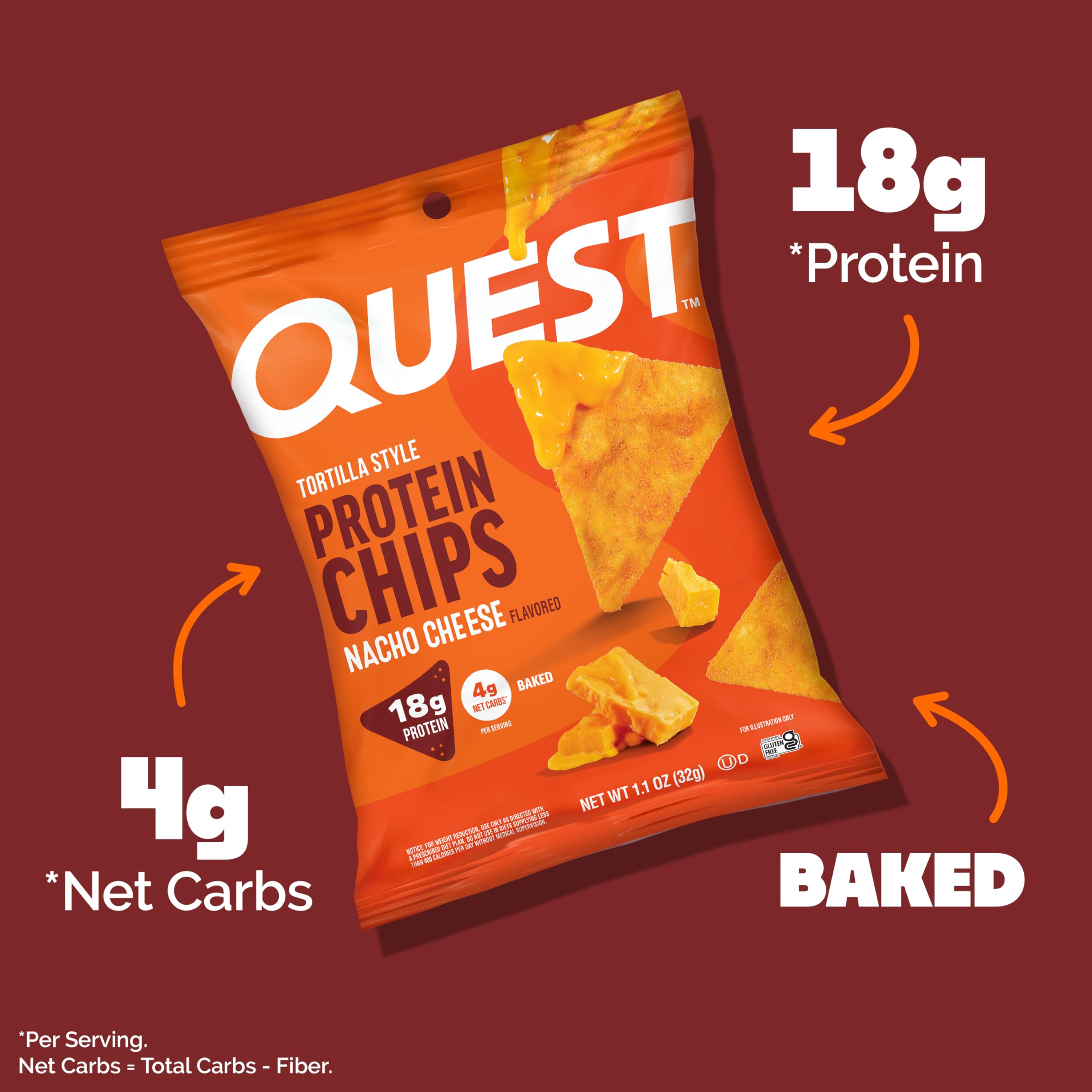 Quest chip texture close‑up showing baked crunch and cheesy flavor benefit