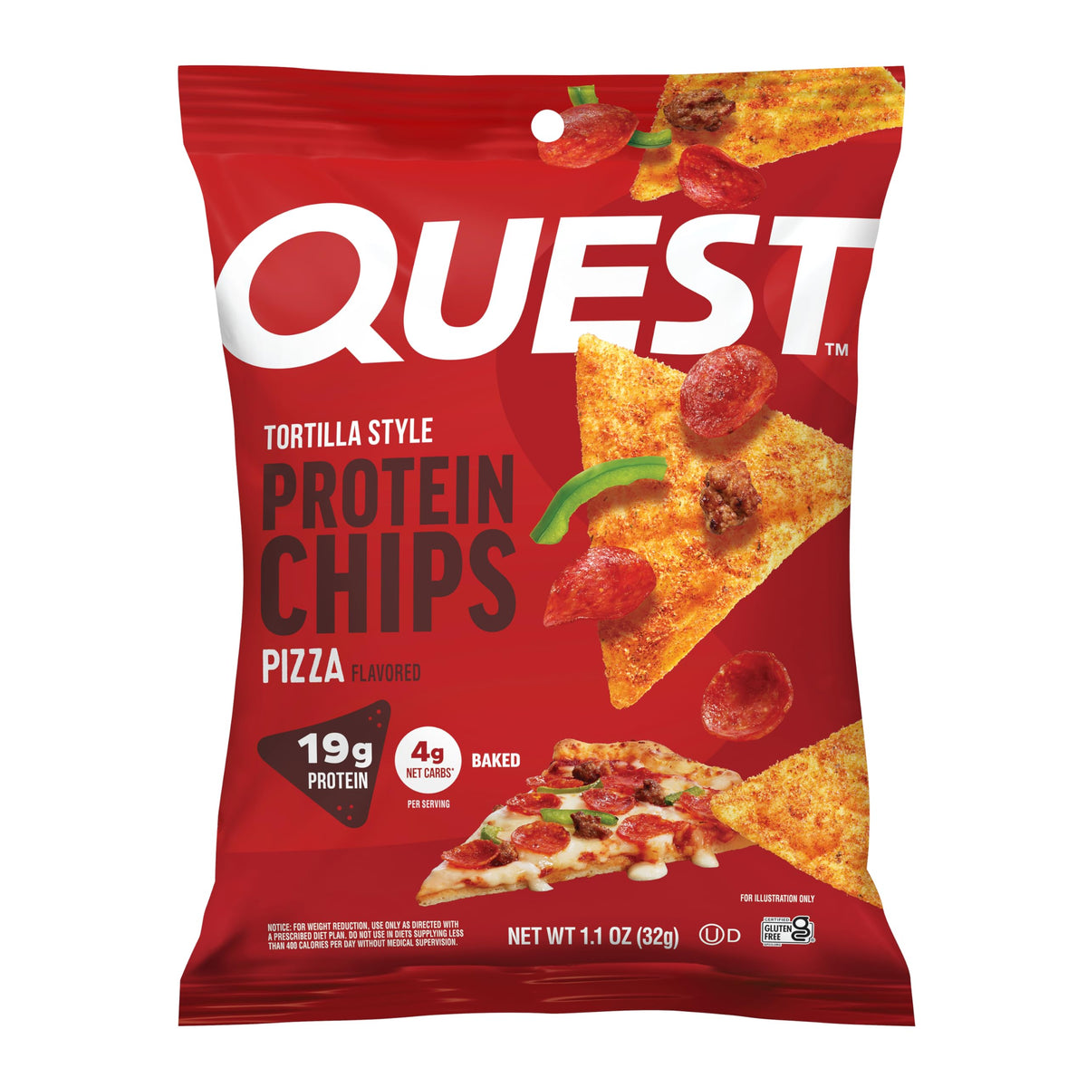 Quest front packaging showing pizza chip bag and convenient single-serve benefit