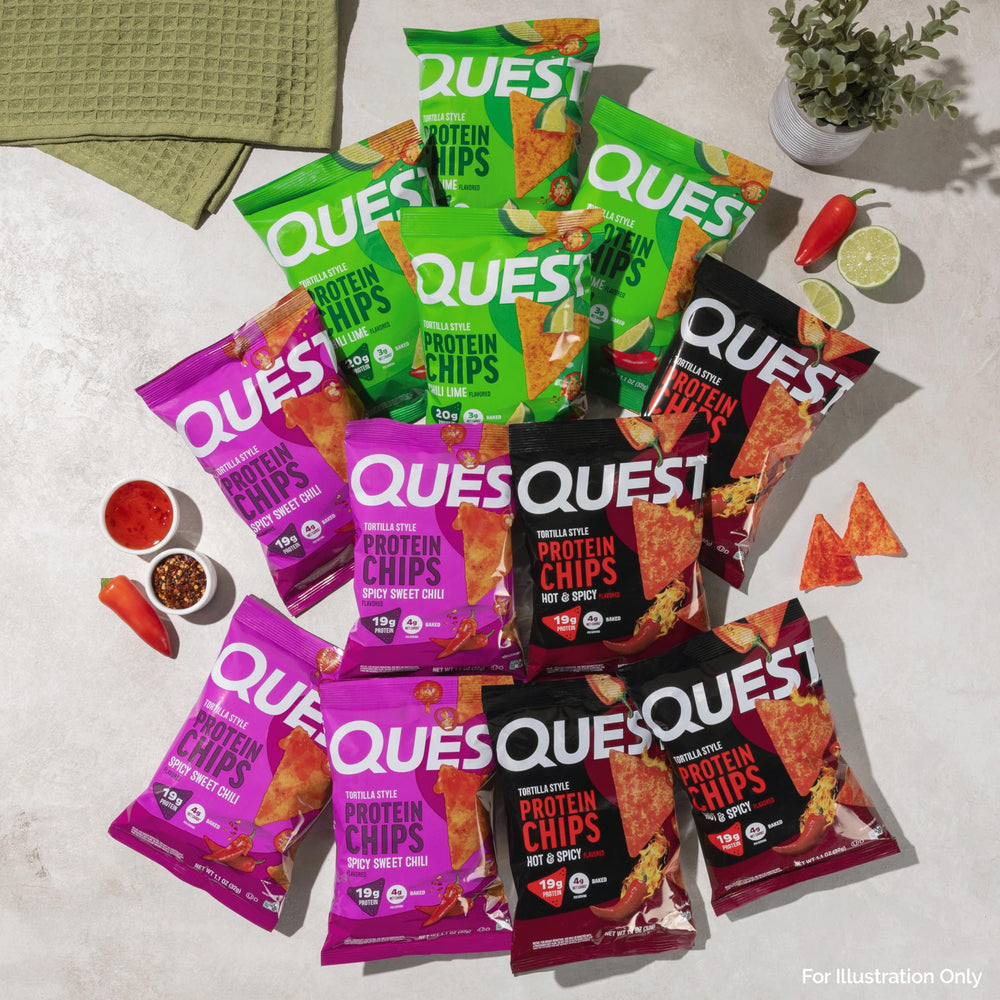Quest single-serve bag next to phone to show size and on-the-go convenience