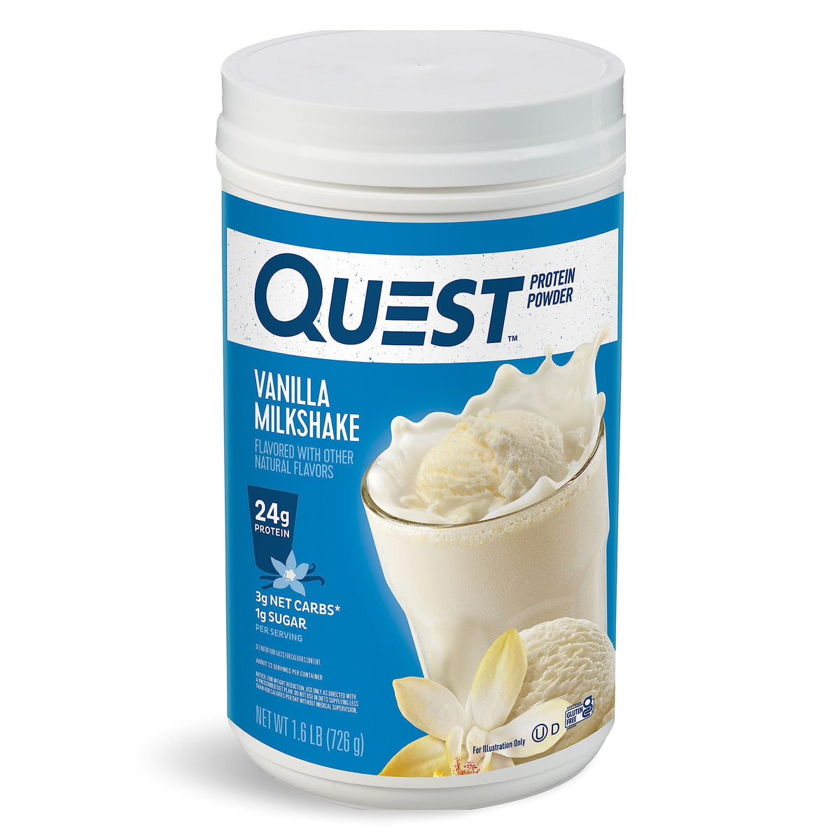 Quest front canister showing product branding and benefit of creamy low-sugar shake