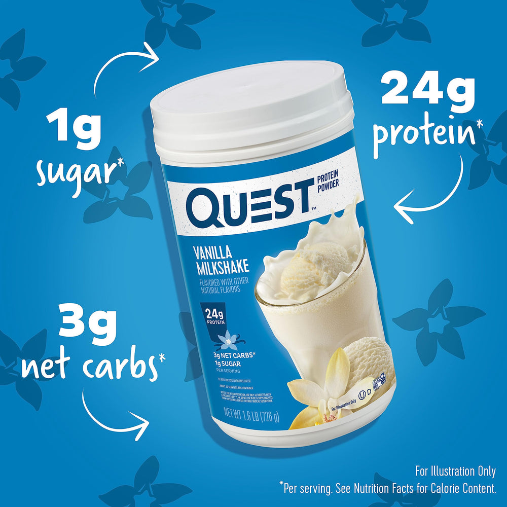 Quest open canister with scoop revealing powder and easy portioning benefit