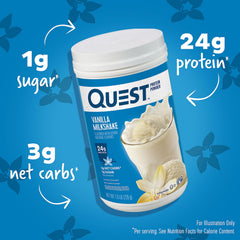 Quest open canister with scoop revealing powder and easy portioning benefit