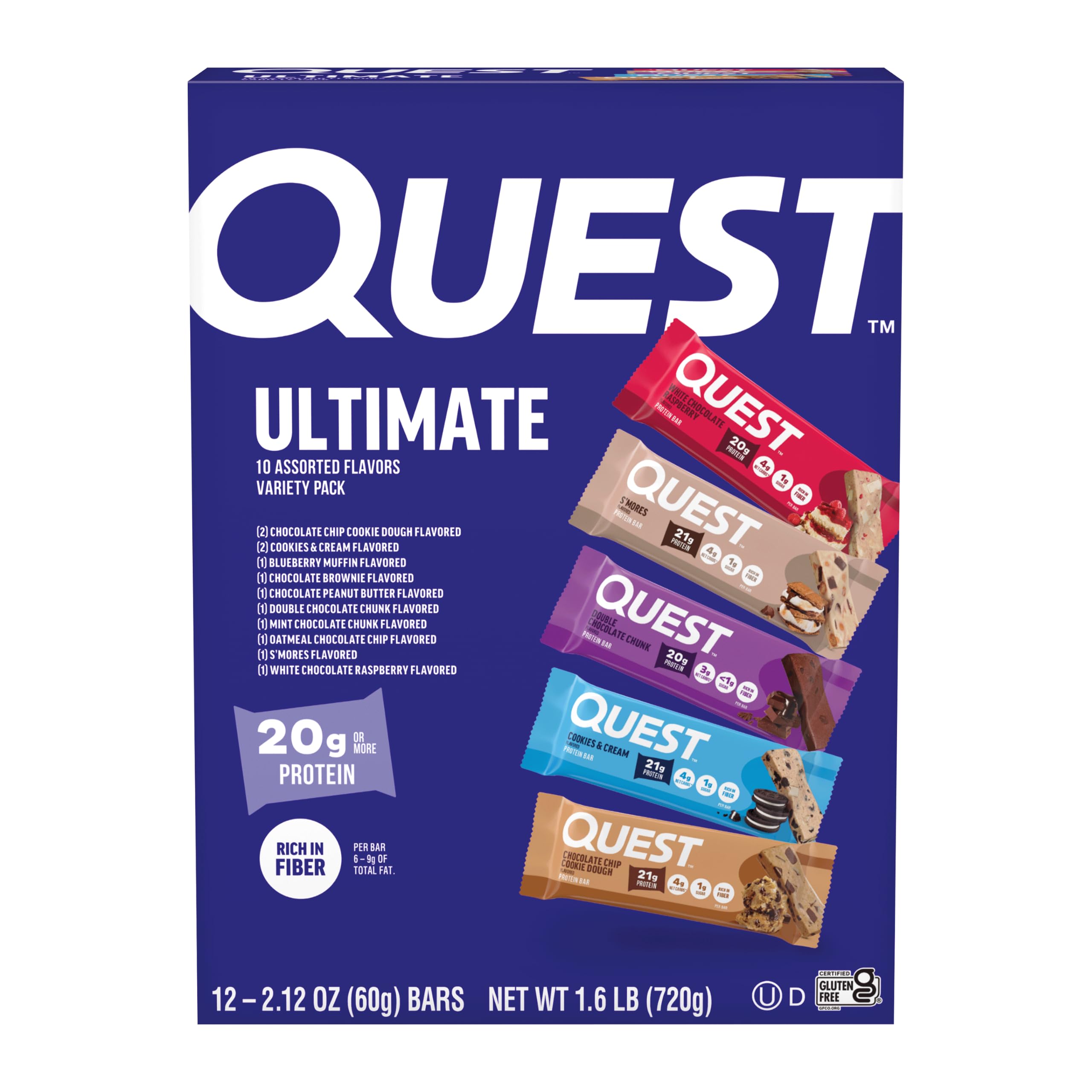 Quest front packaging showing twelve-count variety pack and convenience