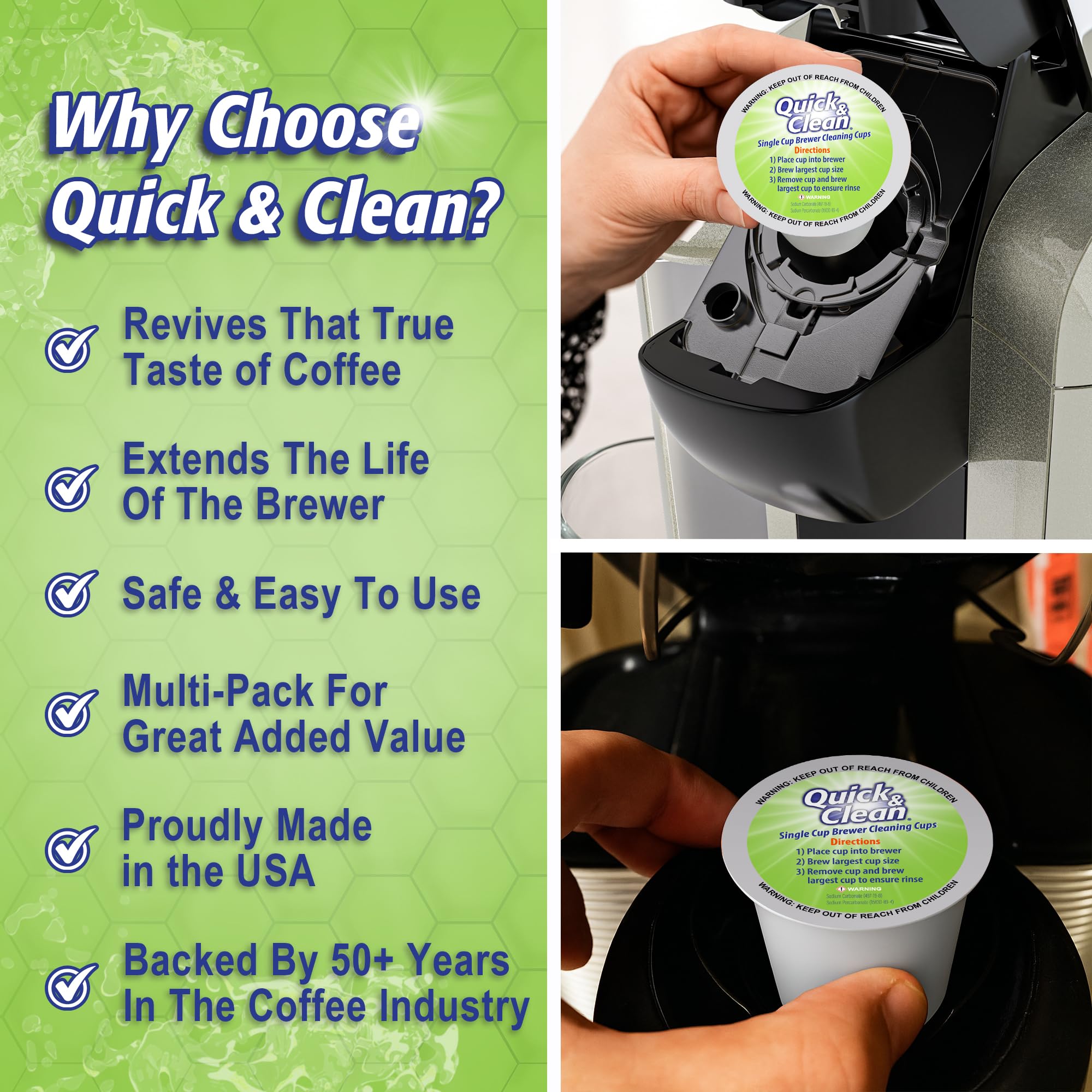 Quick & Clean pod beside a K-Cup for size comparison and clear compatibility guidance