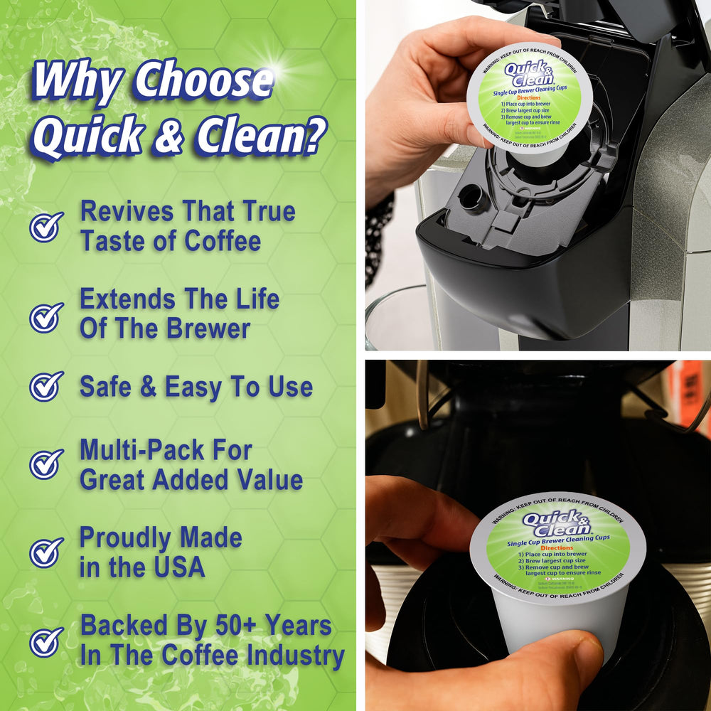 Quick & Clean pod beside a K-Cup for size comparison and clear compatibility guidance