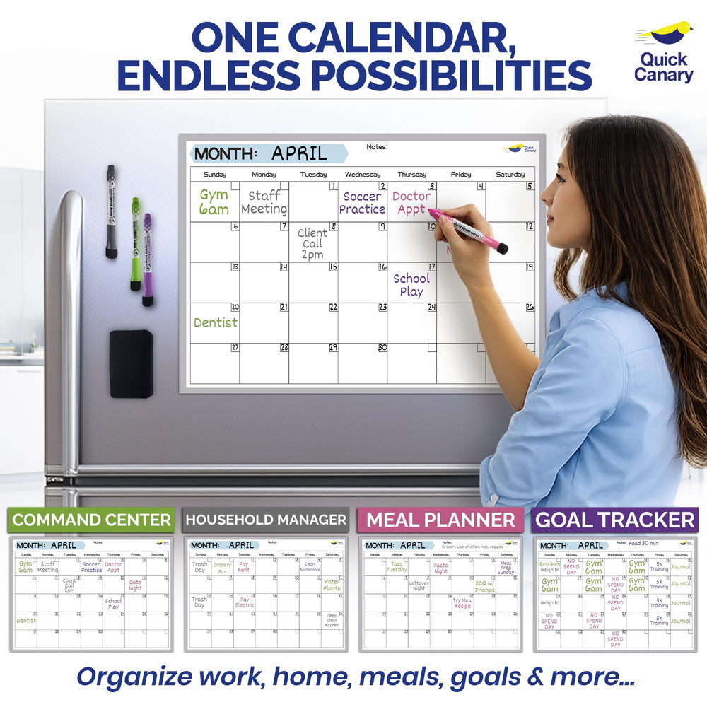 Quick Canary lifestyle scene with family using the fridge calendar to coordinate activities